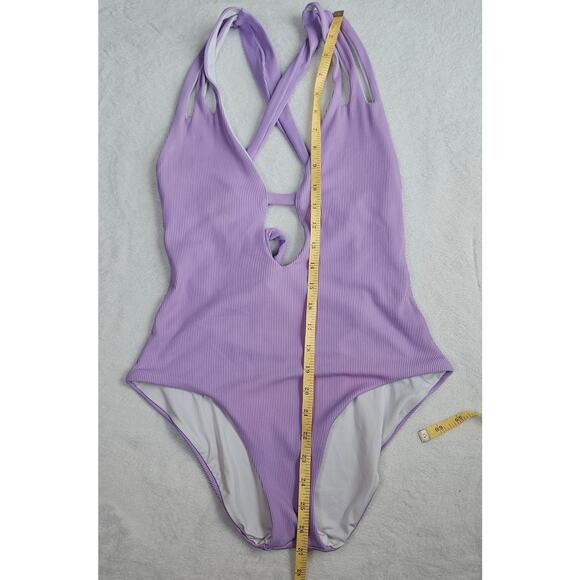BECCA by Rebecca Virtue Fine Line Rib Skylar Plunge One-Piece Size Medium Purple - Picture 14 of 16